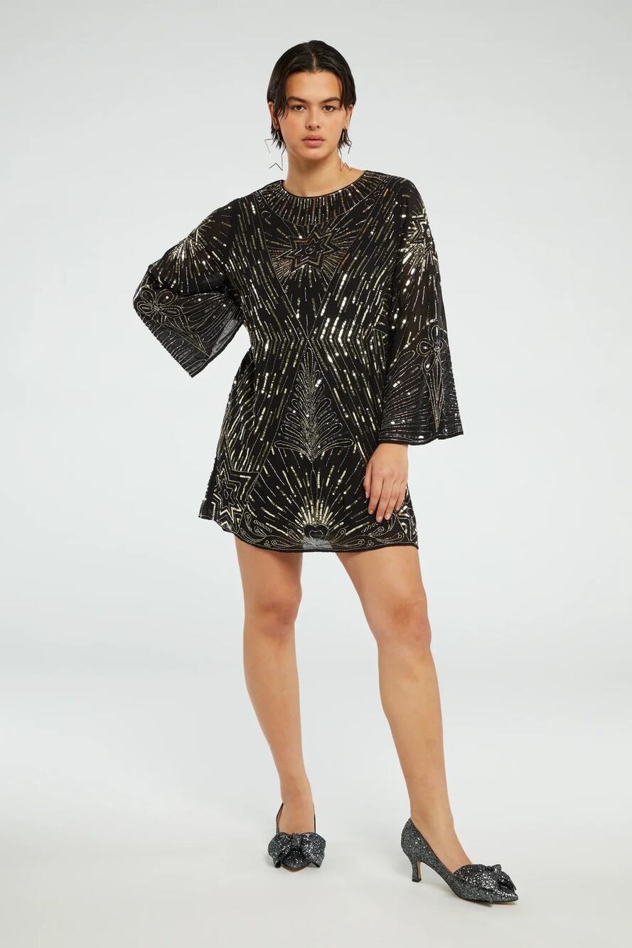 [Fabienne Chapot] Black Sequined Starburst Bell Sleeve Mini Shift Dress NWT 10